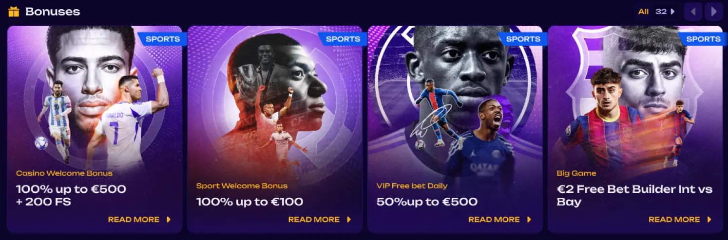 Bonusübersicht mit Sport- und Casino-Willkommensboni, VIP-Freebets und aktuellen Fußballaktionen